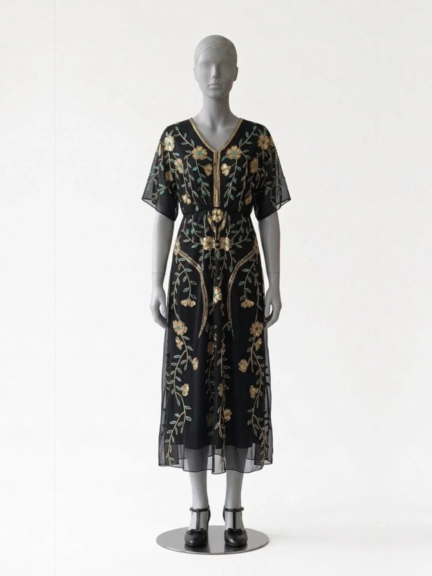 AI try-on render of the Zapaka black 1920s dress embroidered with gold and green sequins and black T-strap heels on our size 8 mannequin