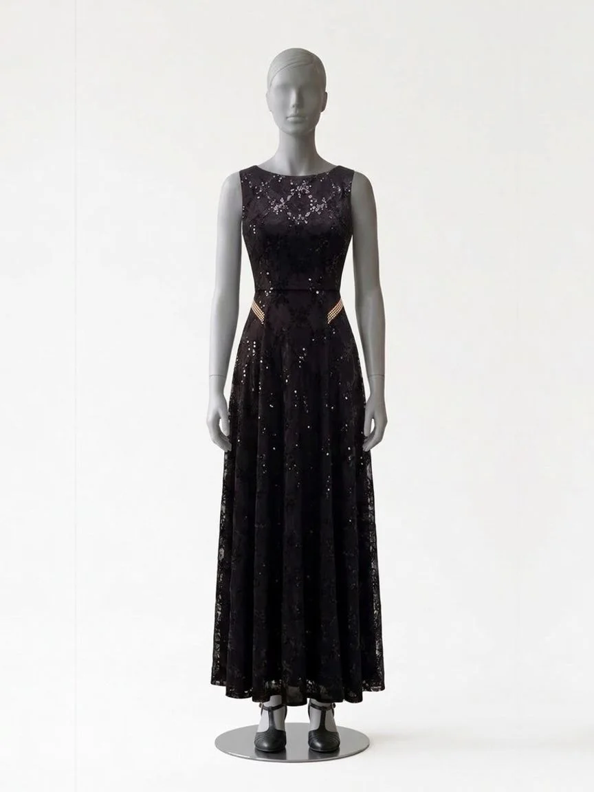 AI try-on render of the Zapaka black sequin A-line gown with black T-strap heels on our size 8 mannequin