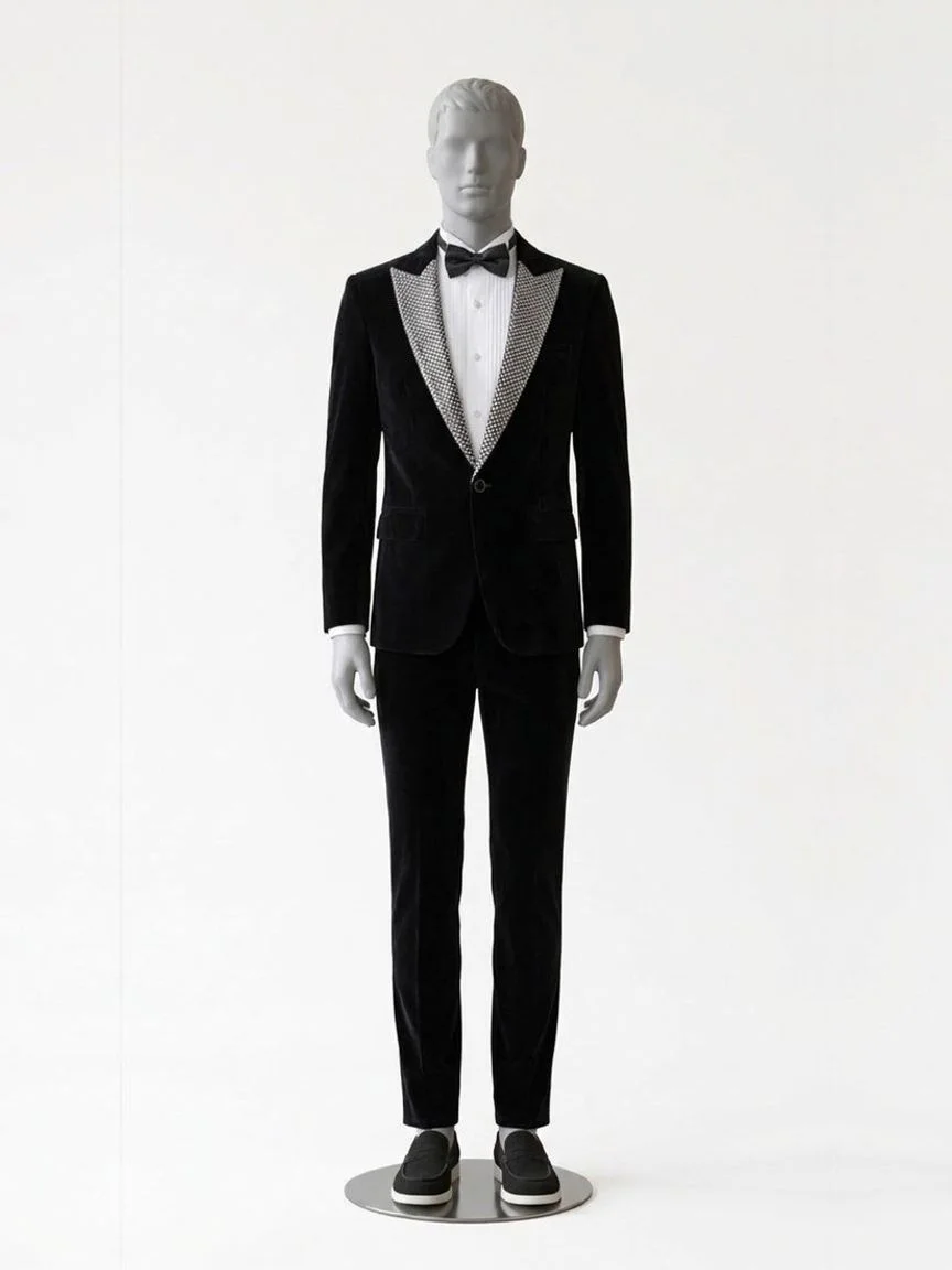 AI try-on render of the Zapaka black velvet tuxedo with sparkly silver lapels and black slip-on shoes on our men's mannequin