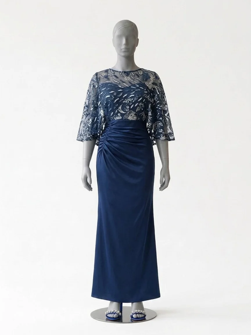 AI try-on render of the Zapaka navy dress with a sequin cape bodice and royal blue rhinestone sandals on our size 12 mannequin
