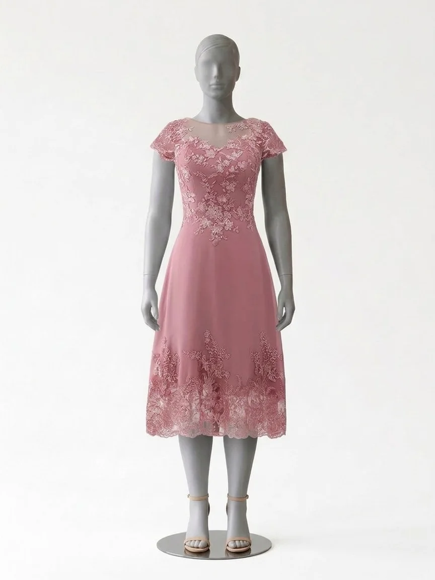 AI try-on render of the Zapaka dusty rose tea-length dress with sequin lace and apricot sandals on our size 12 mannequin