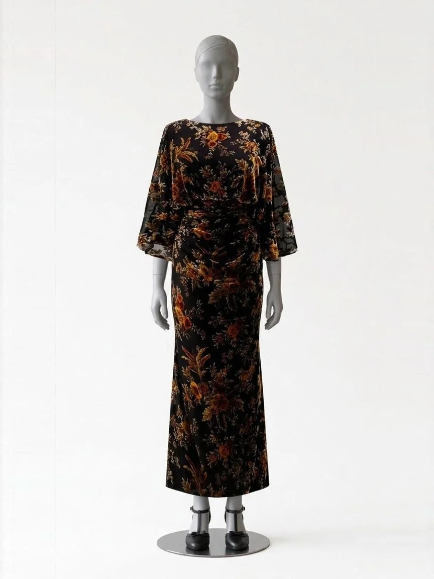 AI try-on render of the Zapaka brown printed sheath dress with flared sleeves and black T-strap block heels on our size 8 mannequin