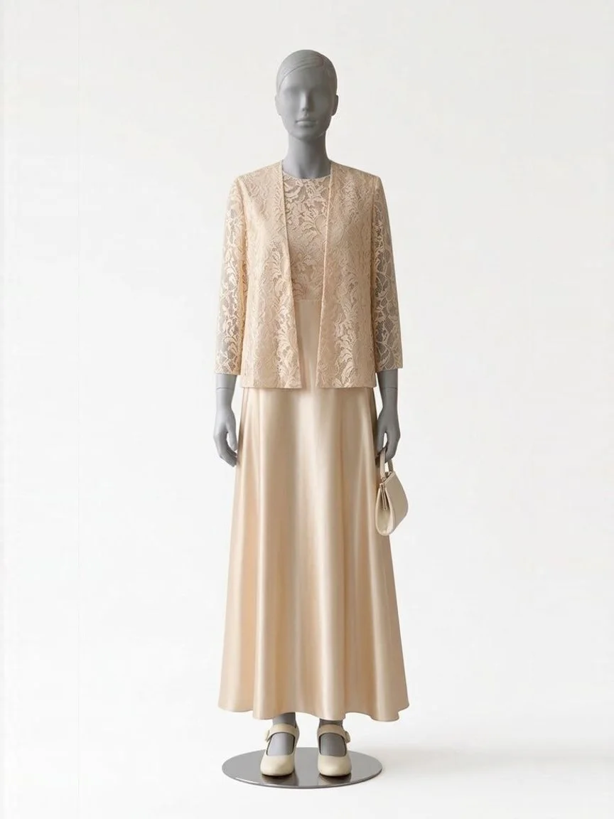 AI try-on render of the Zapaka champagne satin gown with a long-sleeve lace jacket and cream ankle-strap heels on our size 8 mannequin