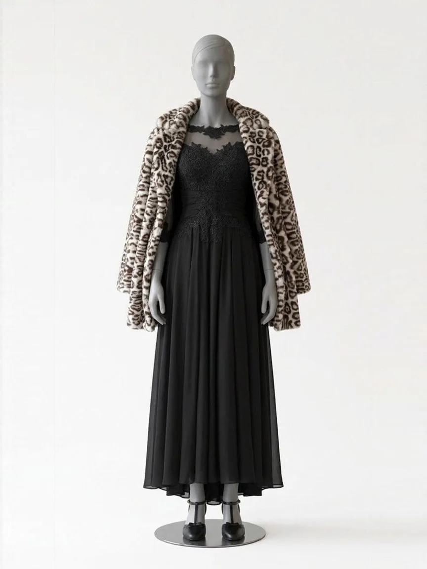 AI try-on render of the Zapaka black tea-length lace-sleeve dress under a brown leopard faux fur coat with black T-strap block heels on our size 8 mannequin
