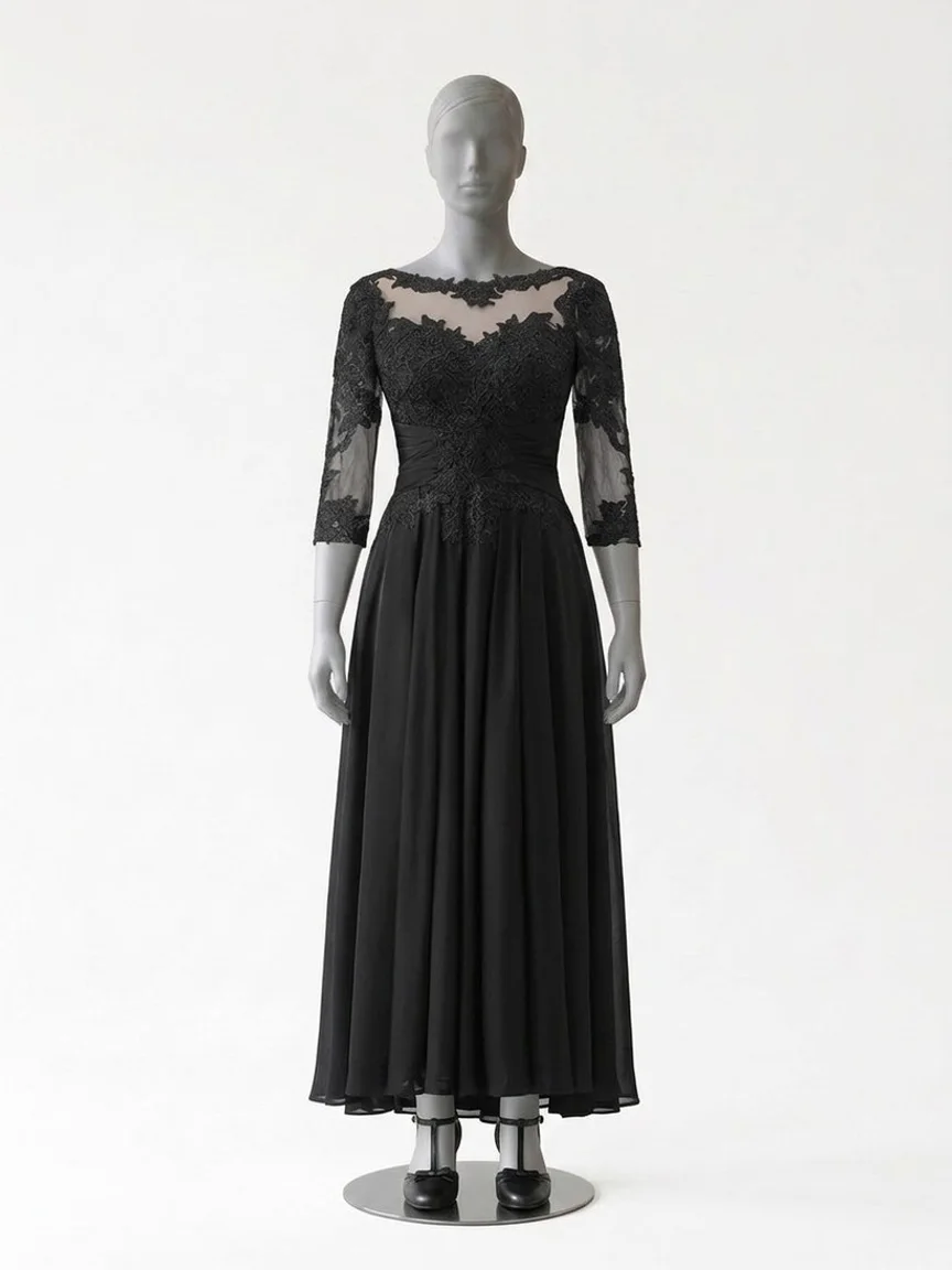 AI try-on render of the same Zapaka black tea-length lace-sleeve dress and T-strap block heels on our size 12 mannequin