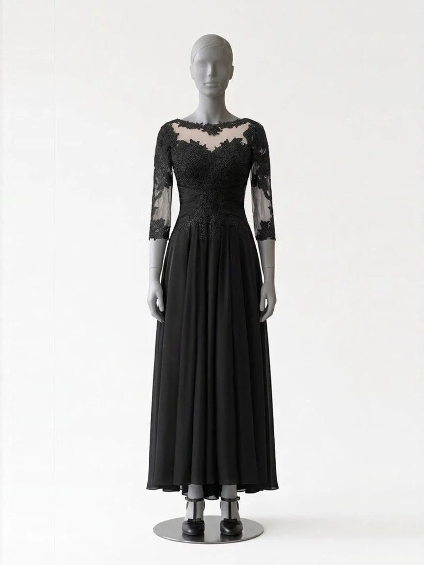 AI try-on render of the Zapaka black tea-length A-line dress with lace three-quarter sleeves and black T-strap block heels on our size 8 mannequin