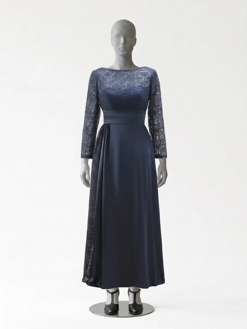 AI try-on render of the Zapaka navy lace A-line dress with long sleeves and black T-strap heels on our size 12 mannequin