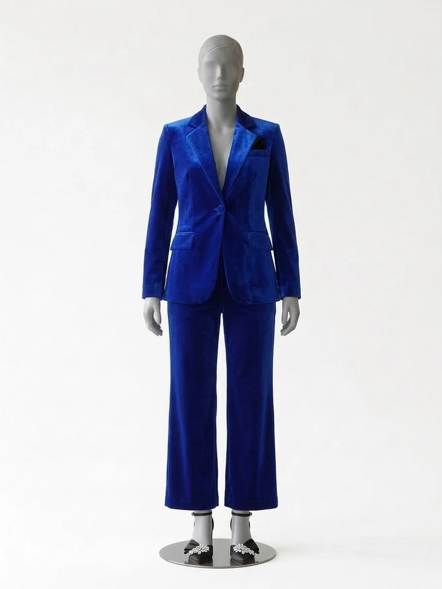 AI try-on render of the Zapaka royal blue velvet pantsuit with black bow block heels on our size 12 mannequin