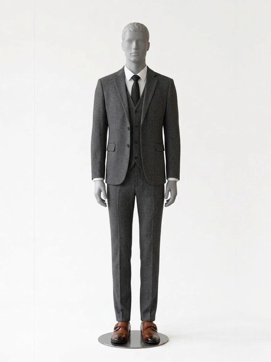 AI try-on render of the Zapaka dark grey three-piece suit with brown cap-toe monk-strap shoes on our men's mannequin