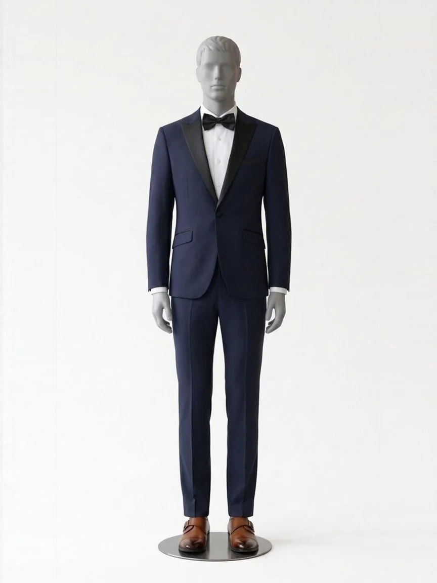 AI try-on render of the Zapaka navy suit with black satin peak lapels and brown cap-toe monk-strap shoes on our men's mannequin