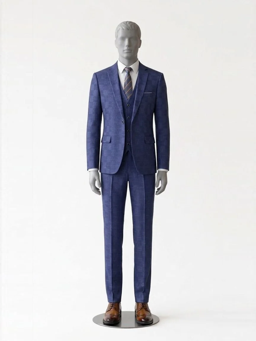 AI try-on render of the Zapaka navy check three-piece suit with brown wingtip brogues on our men's mannequin