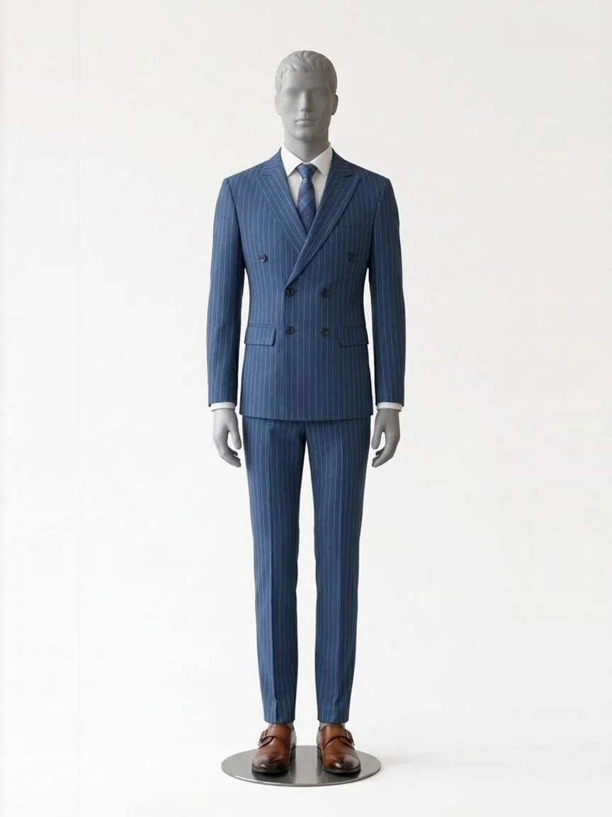 AI try-on render of the Zapaka navy pinstripe double-breasted suit with brown cap-toe monk-strap shoes on our men's mannequin