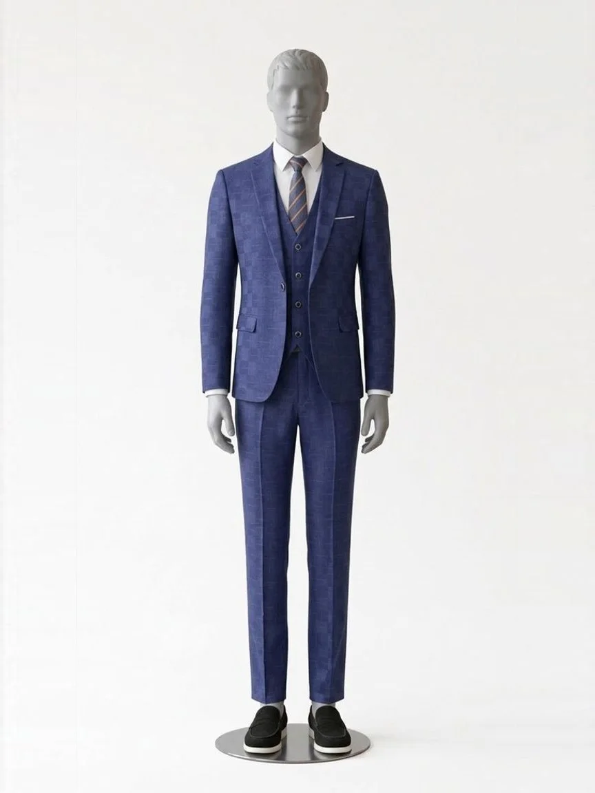 AI try-on render of the same Zapaka navy check three-piece suit with black suede loafers on our men's mannequin