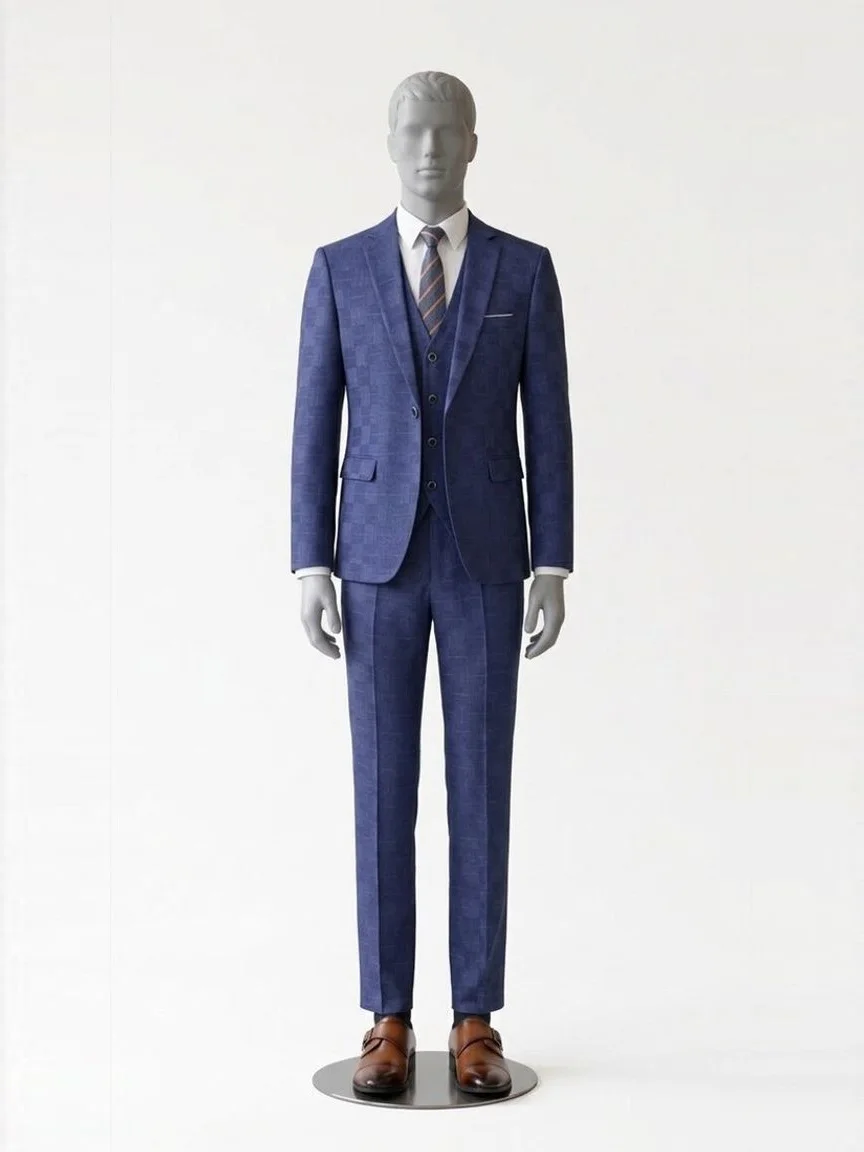 AI try-on render of the same Zapaka navy check three-piece suit with brown cap-toe monk-strap shoes on our men's mannequin