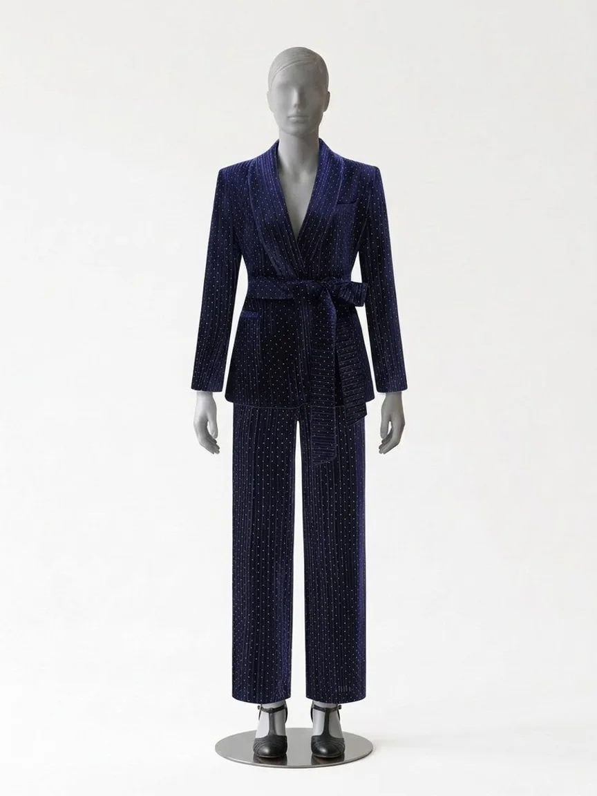 AI try-on render of the same Zapaka navy belted shawl lapel suit with black T-strap heels on our size 12 mannequin