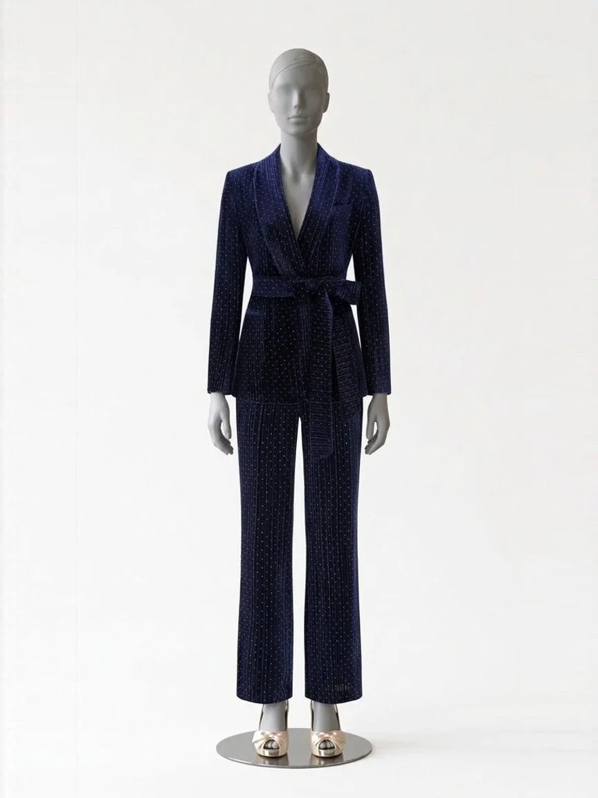AI try-on render of the Zapaka navy belted shawl lapel suit with champagne bow heels on our size 8 mannequin