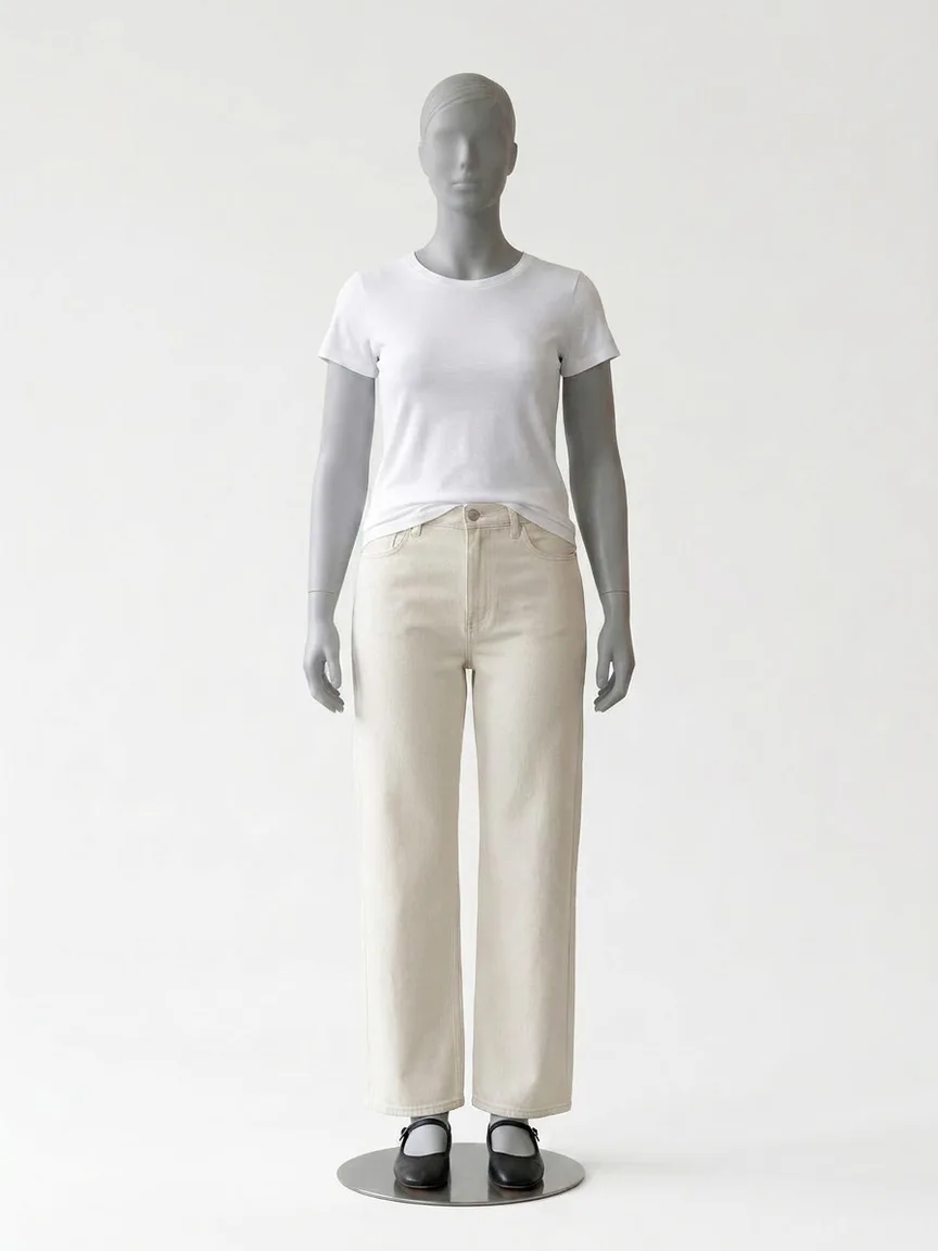 AI render of ecru wide leg jeans with black ballet flats on our size 12 mannequin