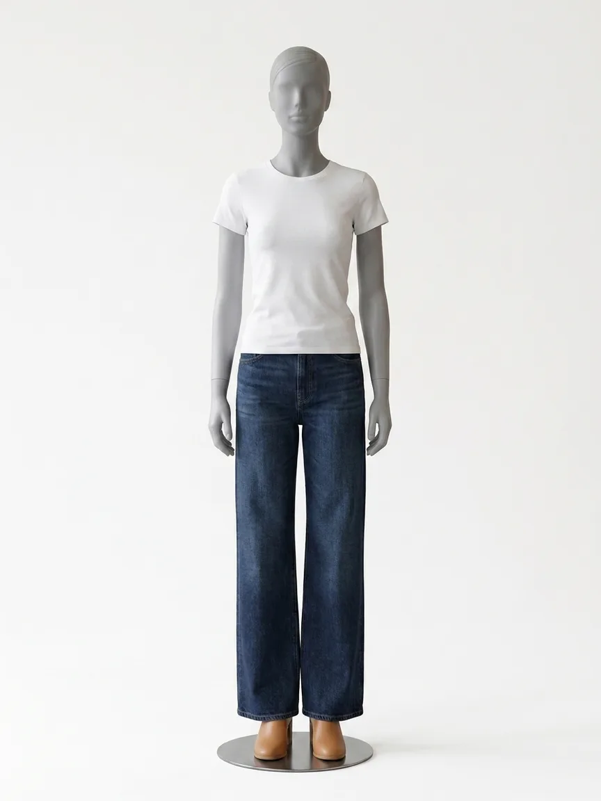 AI render of wide leg jeans with a tan block-heel sandal on our size 8 mannequin