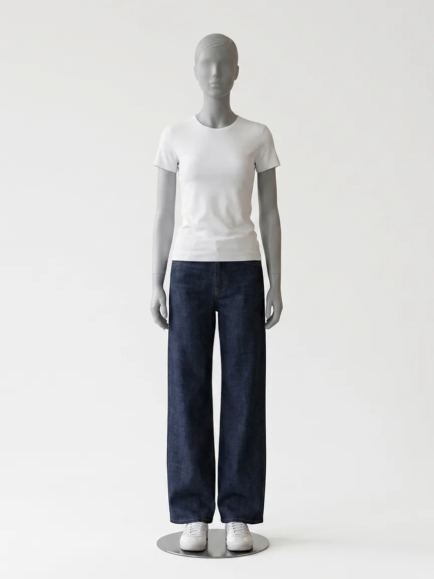 AI render of full-length dark wide leg jeans with slim white retro sneakers on our size 8 mannequin