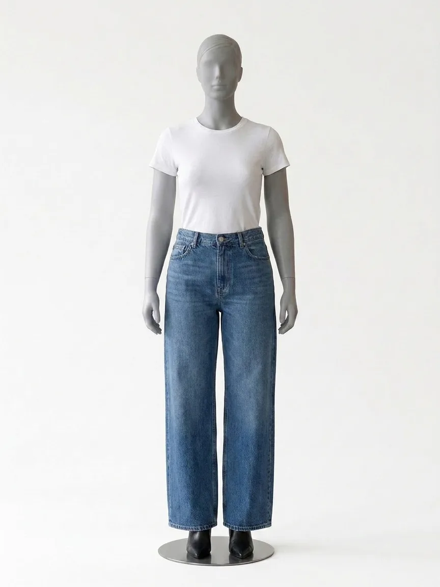 AI render of wide leg jeans over pointed kitten-heel boots on our size 12 mannequin