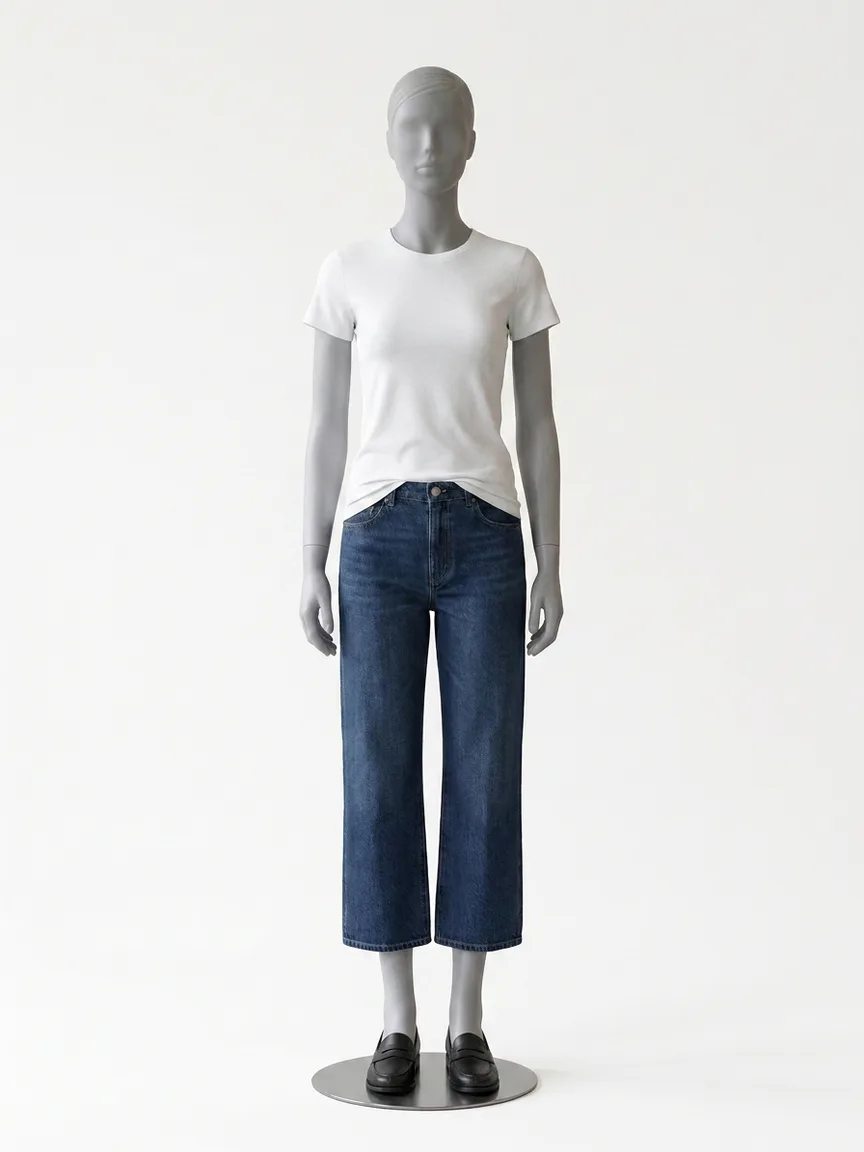 AI render of cropped wide leg jeans with slim black penny loafers and bare ankle on our size 8 mannequin