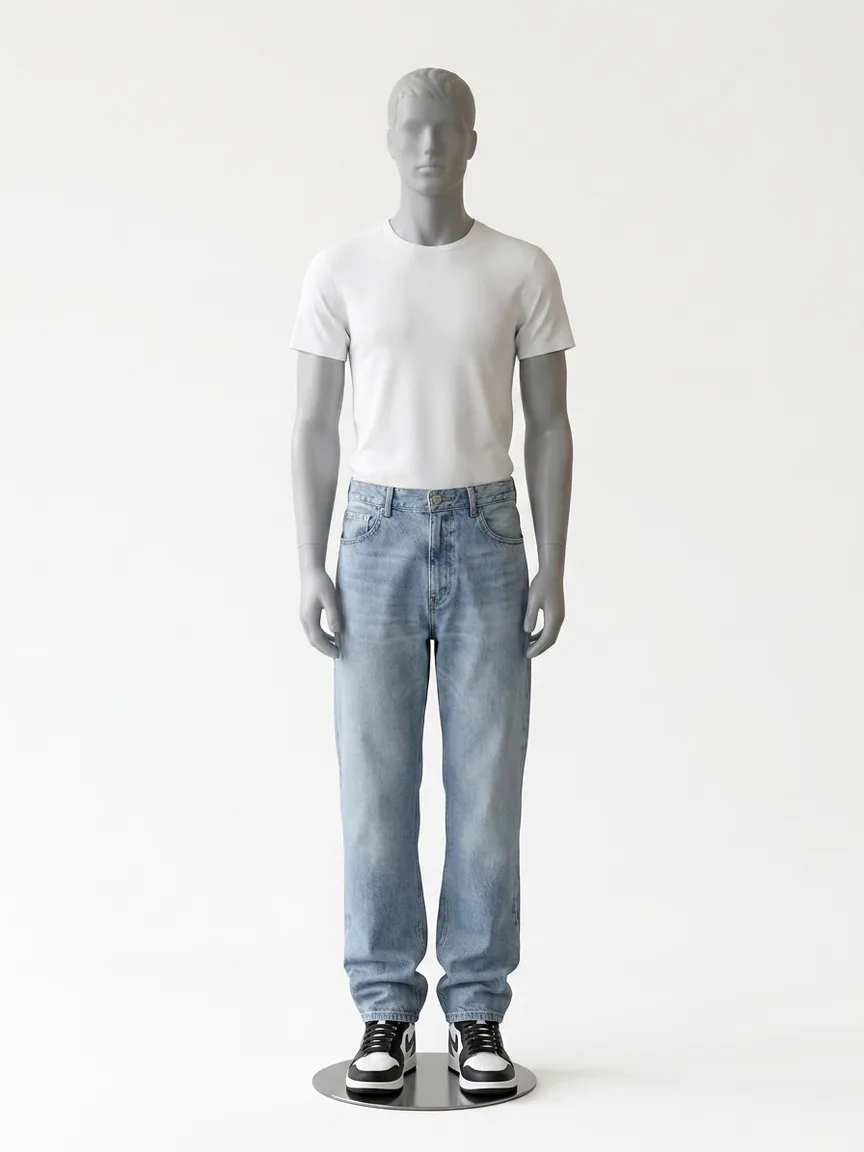 AI render of men's baggy wide leg jeans stacked over Jordan 1 high tops