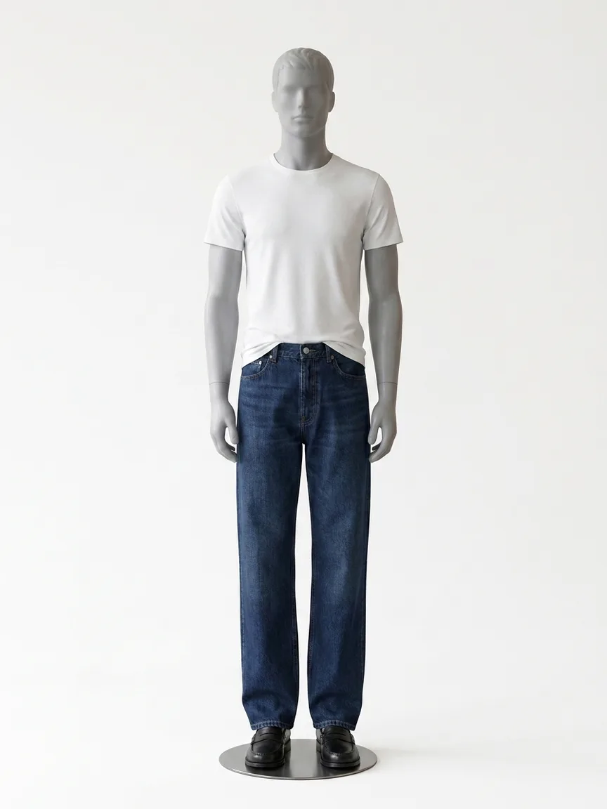 AI render of men's wide leg jeans grazing black penny loafers