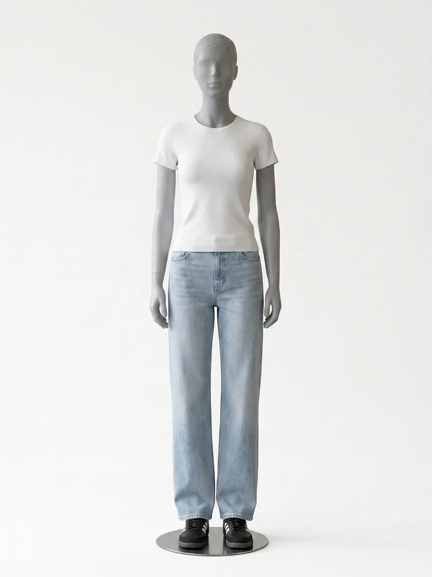 AI render of light-wash wide leg jeans with black adidas Sambas on our size 8 mannequin