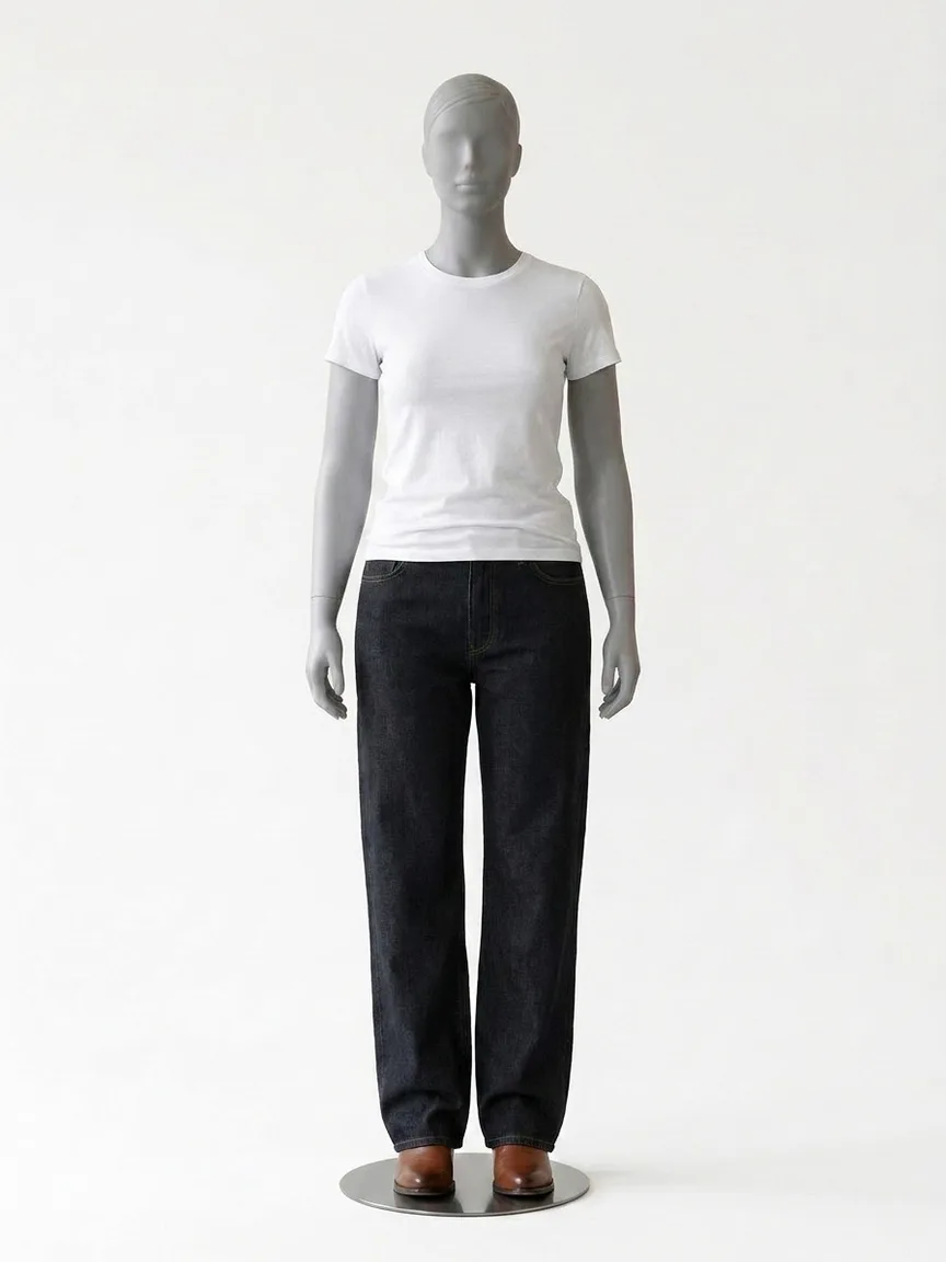 AI render of wide leg jeans with slim brown western boots on our size 12 mannequin