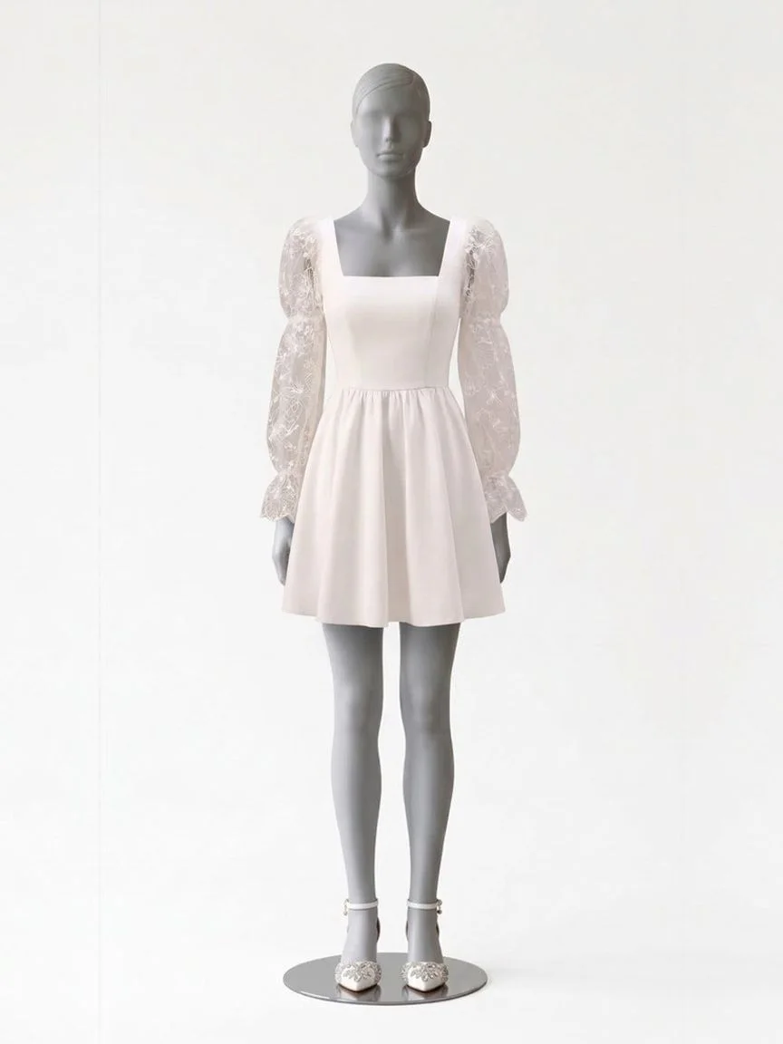 AI try-on render of the Zapaka white lace-sleeve little white dress with white rhinestone heels on our size 8 mannequin