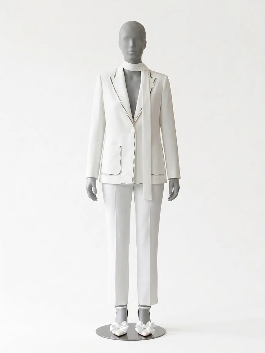 AI try-on render of the Zapaka white trouser suit with a long scarf and white bow heels on our size 12 mannequin