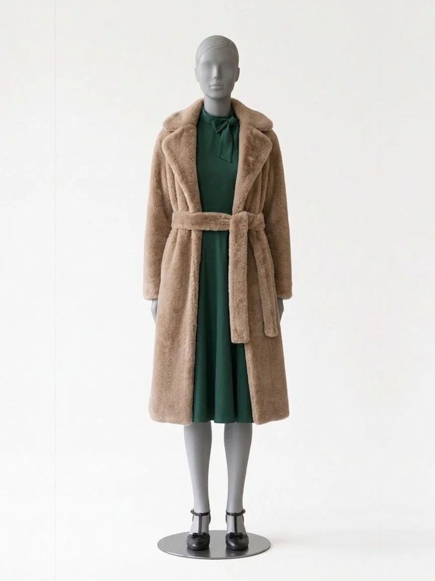 AI try-on render of the Zapaka dark green bow-collar swing dress under a long khaki faux shearling coat with black T-strap heels on our size 8 mannequin