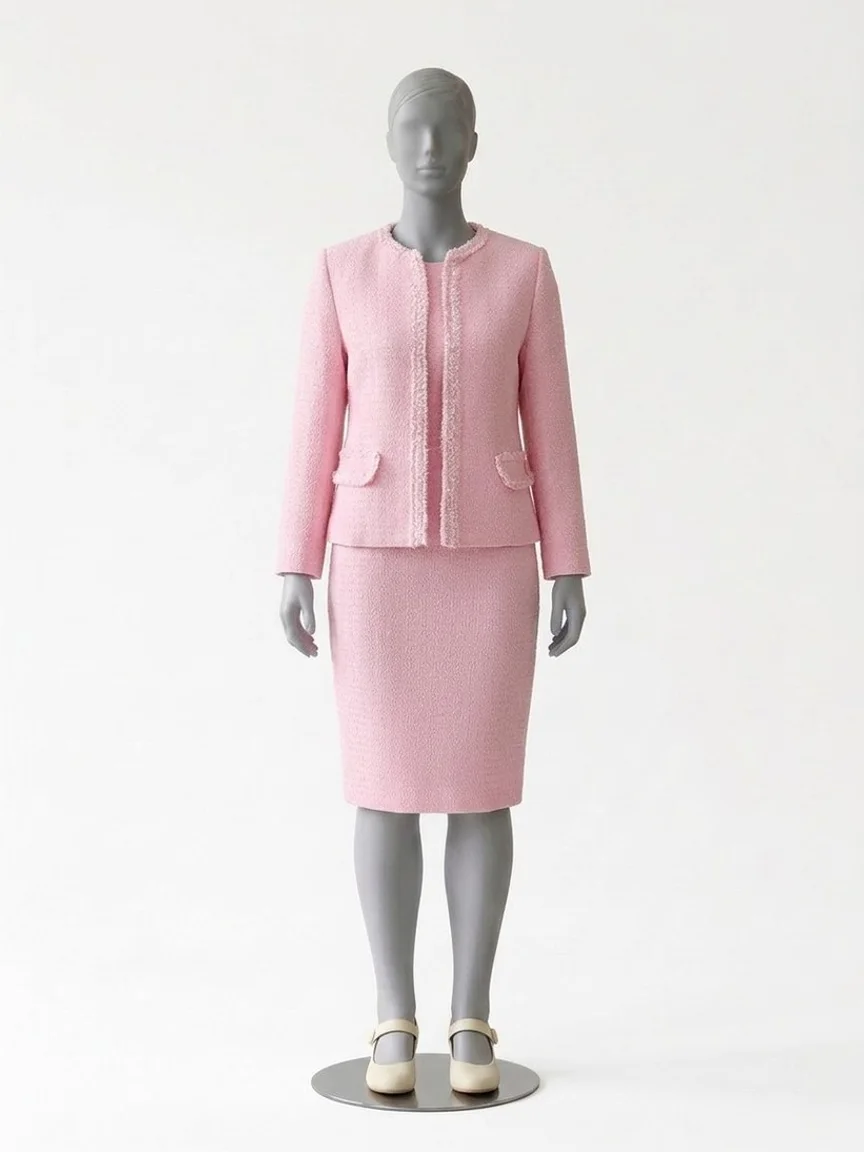 AI try-on render of the Zapaka pink tweed sheath dress and jacket with cream ankle-strap heels on our size 12 mannequin