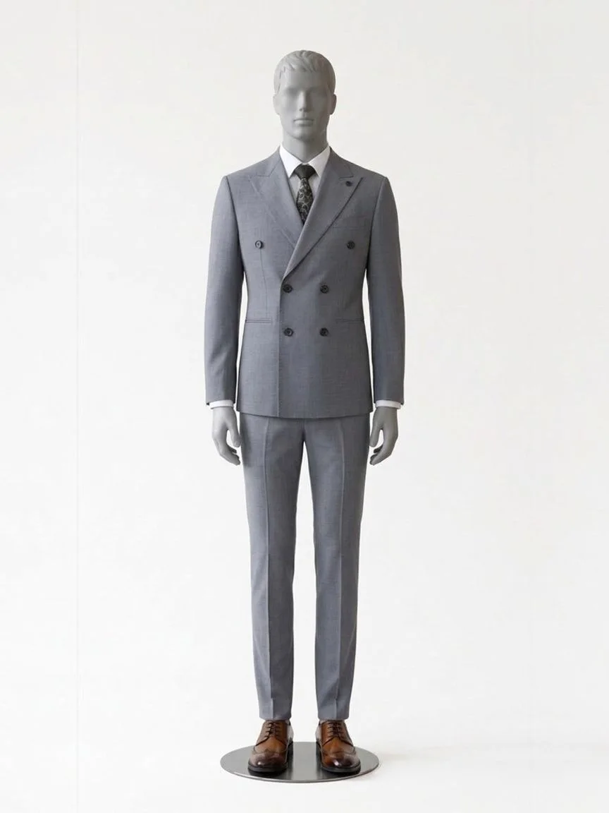 AI try-on render of the Zapaka grey-green double-breasted suit with brown brogues on our men's mannequin