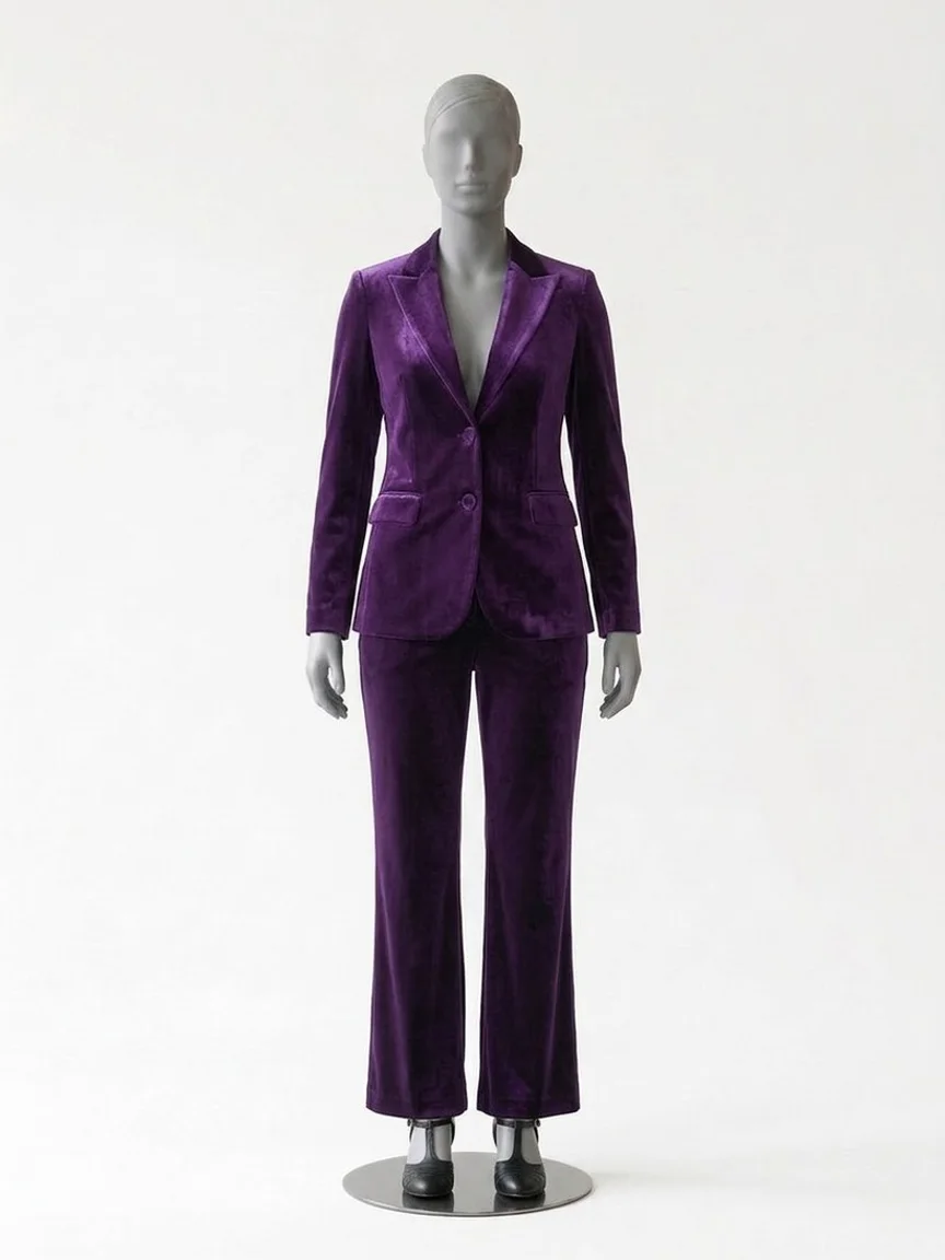 AI try-on render of the Zapaka plum velvet trouser suit with black T-strap heels on our size 12 mannequin