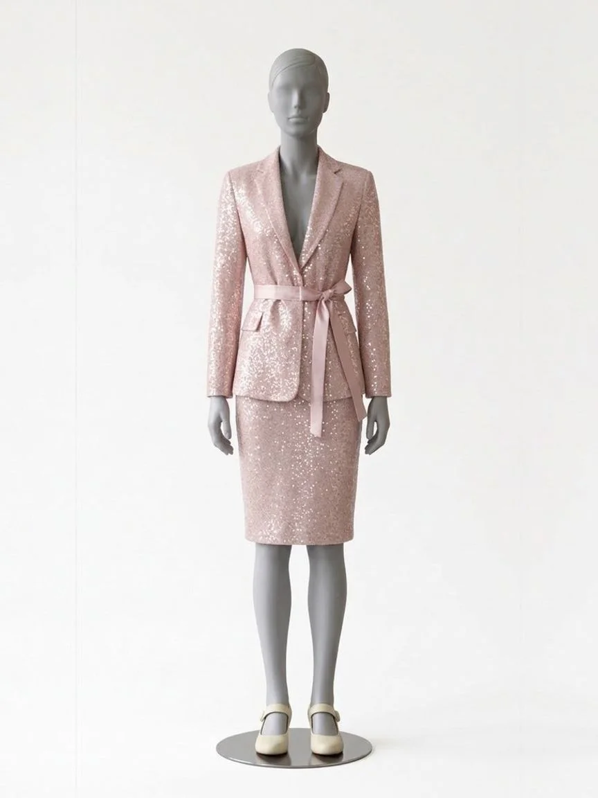 AI try-on render of the Zapaka pale pink sequin jacket and skirt with cream ankle-strap heels on our size 8 mannequin