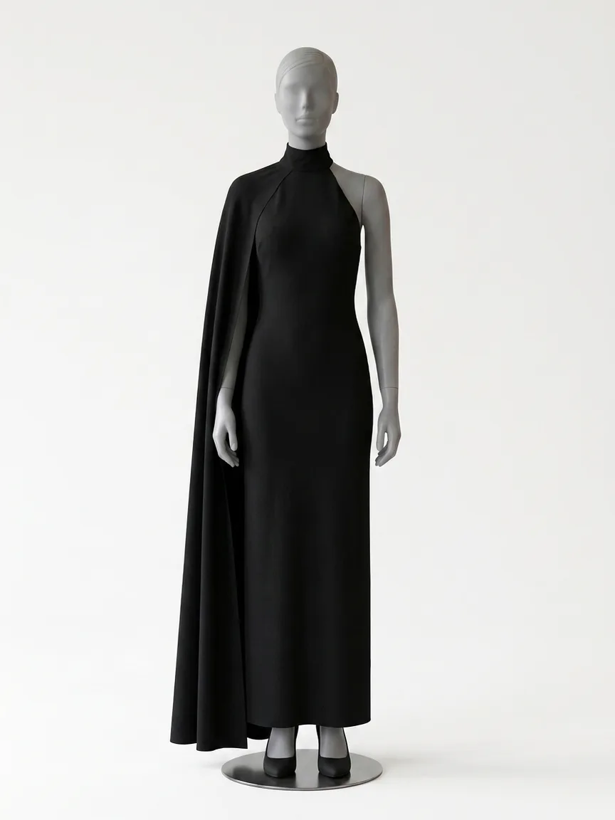 AI render of a black crepe column gown with a cape detail on our size 8 mannequin