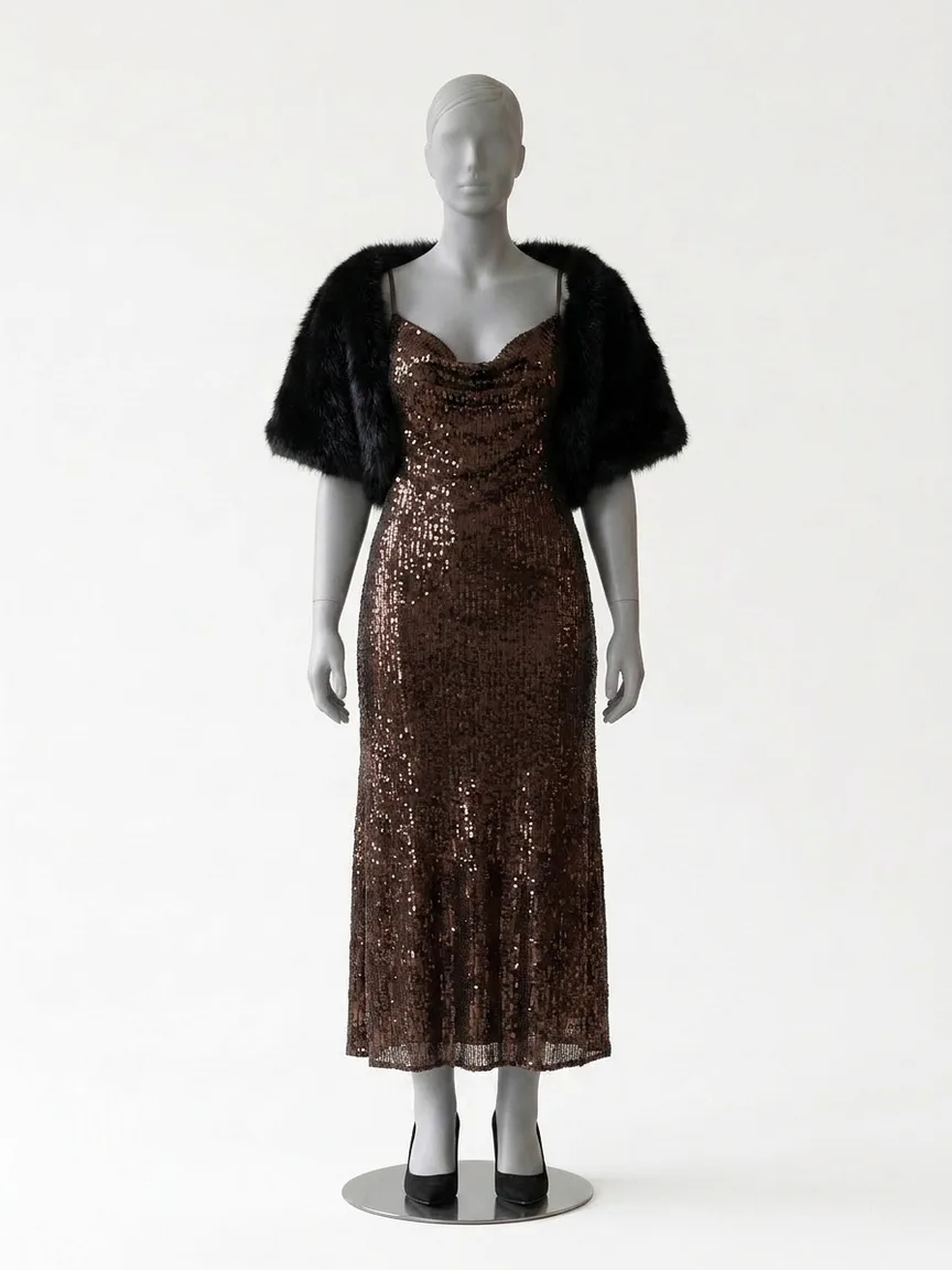 AI render of a chocolate brown sequin cowl-neck slip dress on our size 12 mannequin