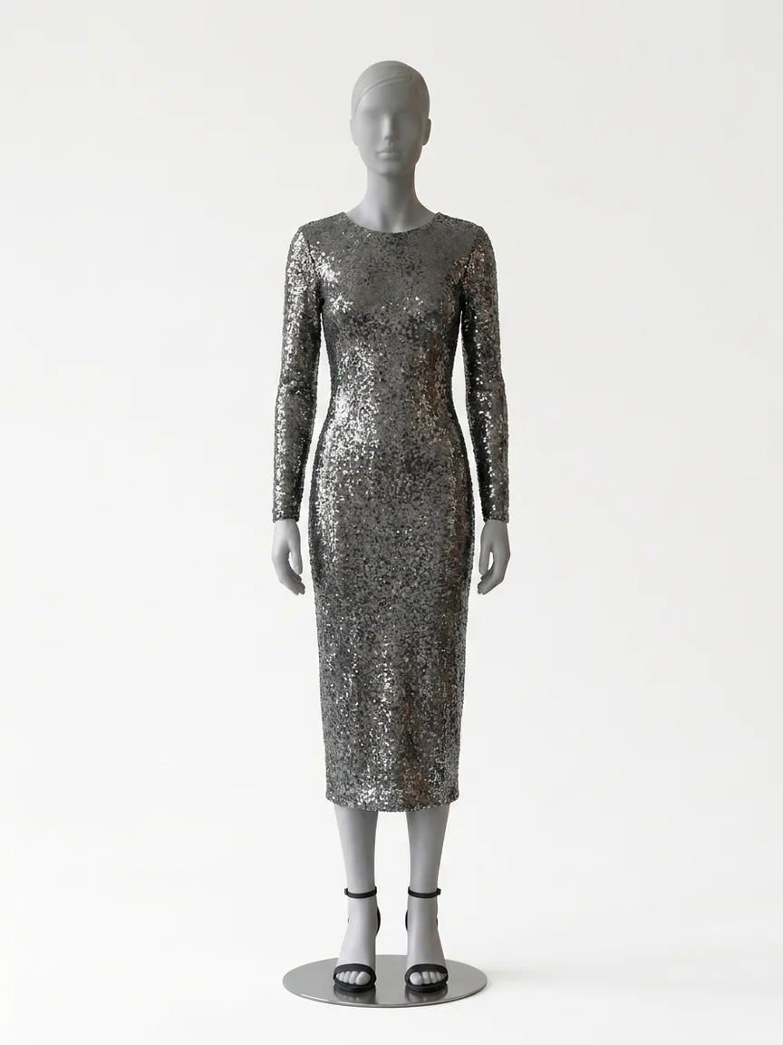 AI render of a black-grey shimmer sequin midi dress on our size 8 mannequin