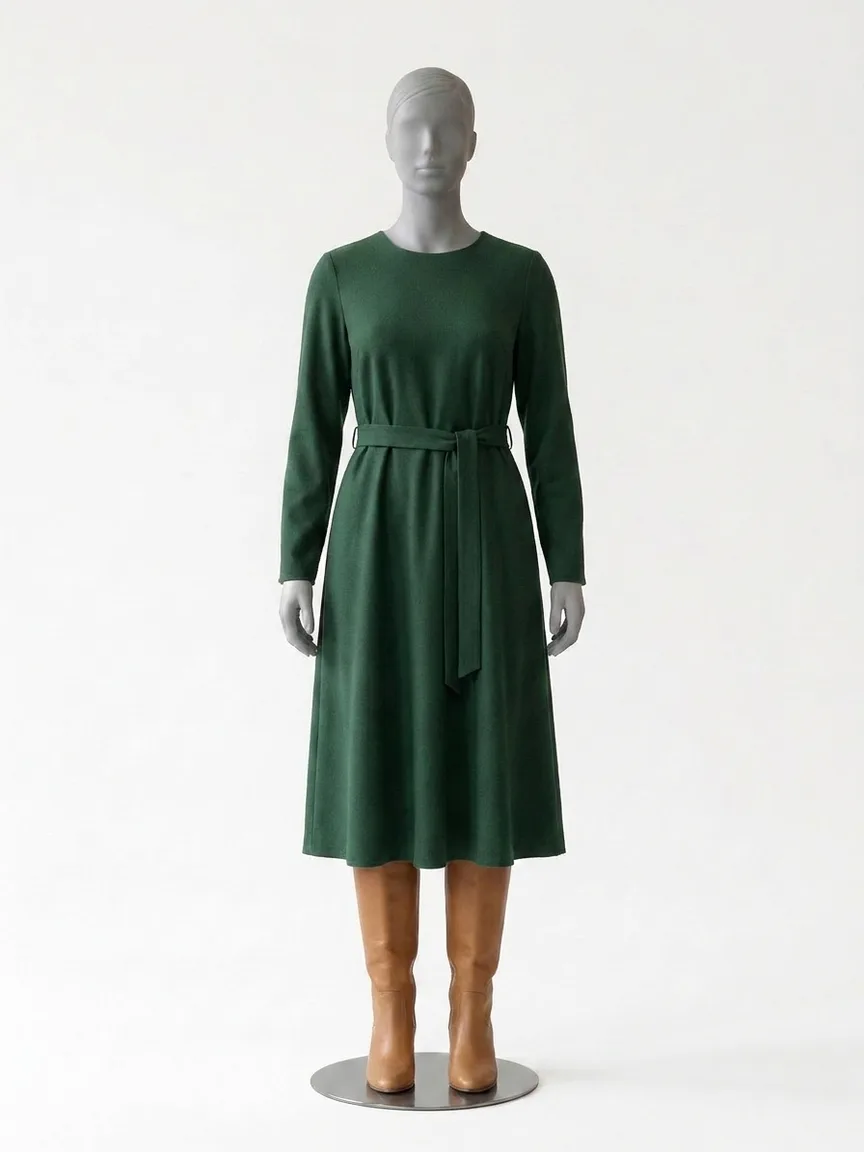 AI render of a forest green wool-crepe midi dress with a fitted waist on our size 12 mannequin