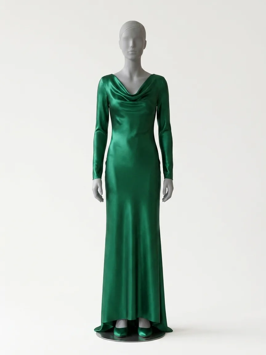 AI render of an emerald satin column gown with long sleeves on our size 8 mannequin