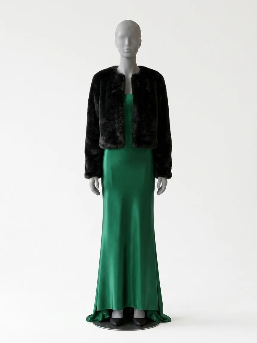 AI render of a black faux fur jacket over an emerald satin gown on our size 8 mannequin