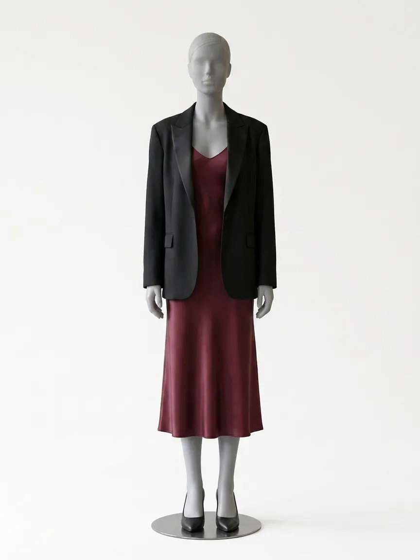 AI render of a burgundy satin slip dress with a black tuxedo blazer on our size 8 mannequin