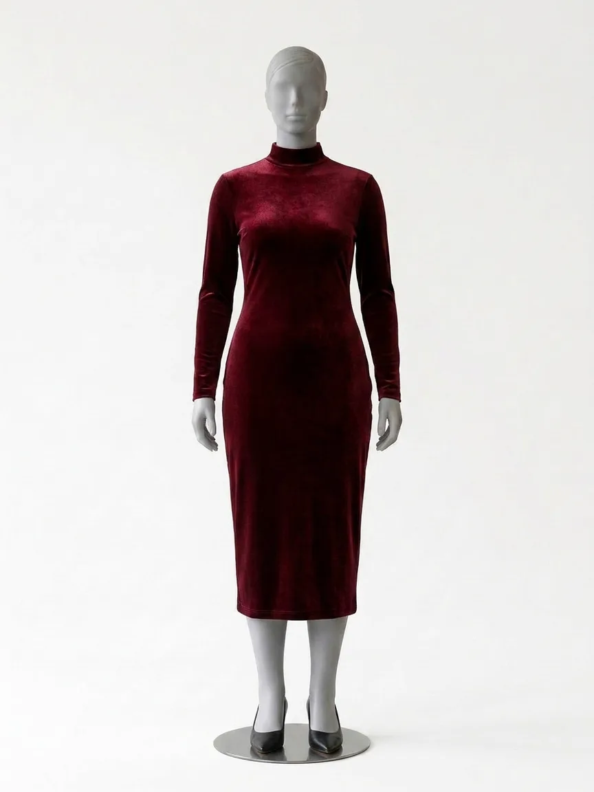 AI render of a deep red velvet long-sleeve midi dress on our size 12 mannequin