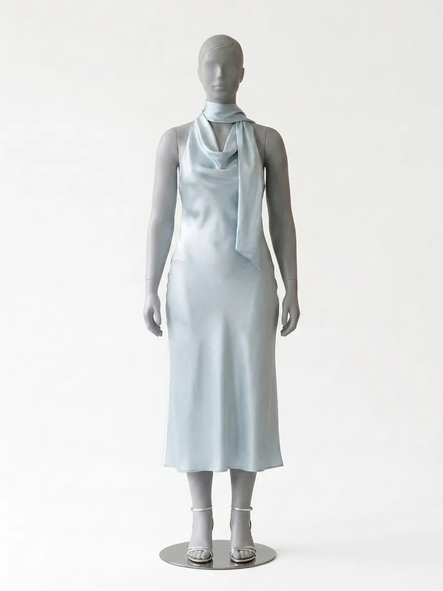 AI render of an icy blue satin midi with a matching scarf neckline on our size 12 mannequin