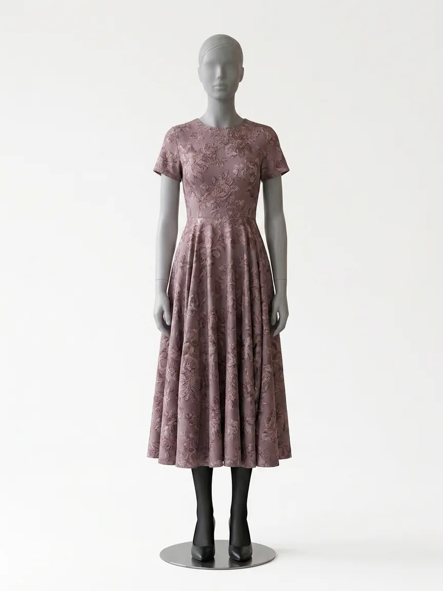 AI render of a mauve floral jacquard midi dress on our size 8 mannequin