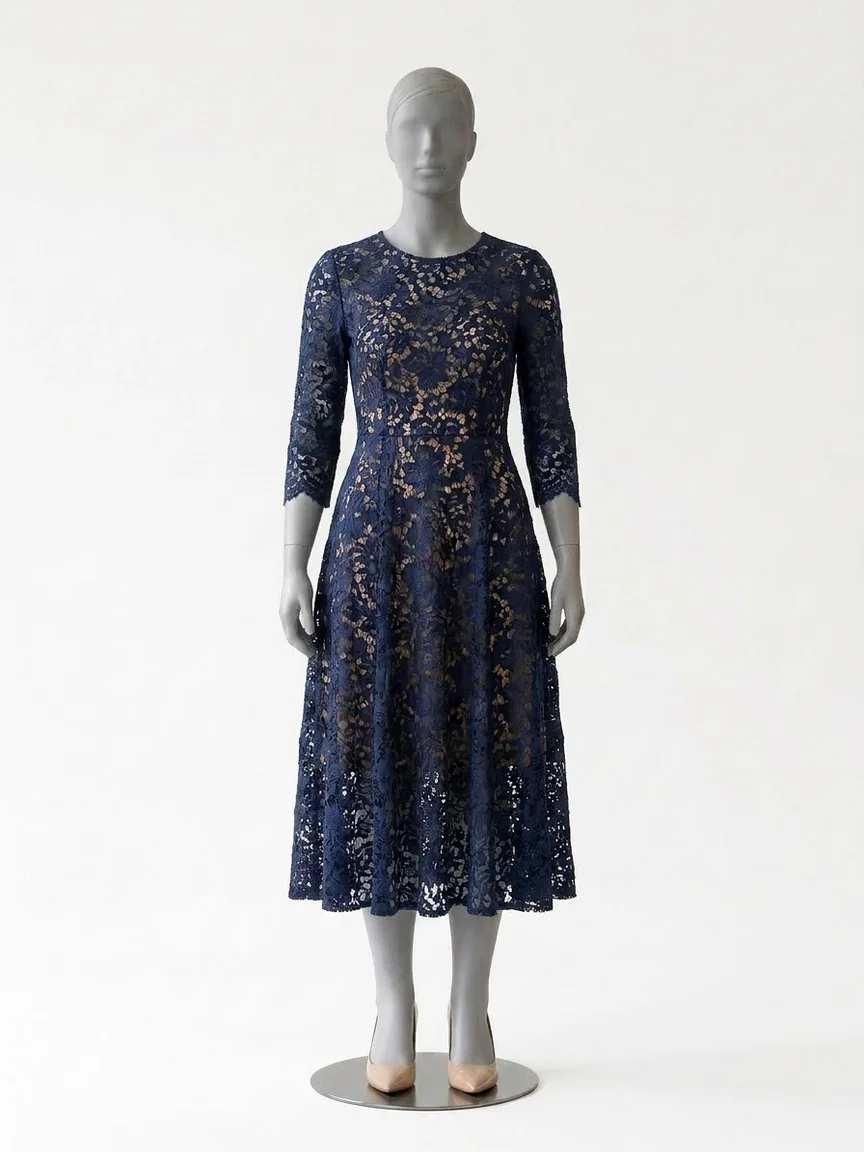 AI render of a navy lace midi dress with three-quarter sleeves on our size 12 mannequin