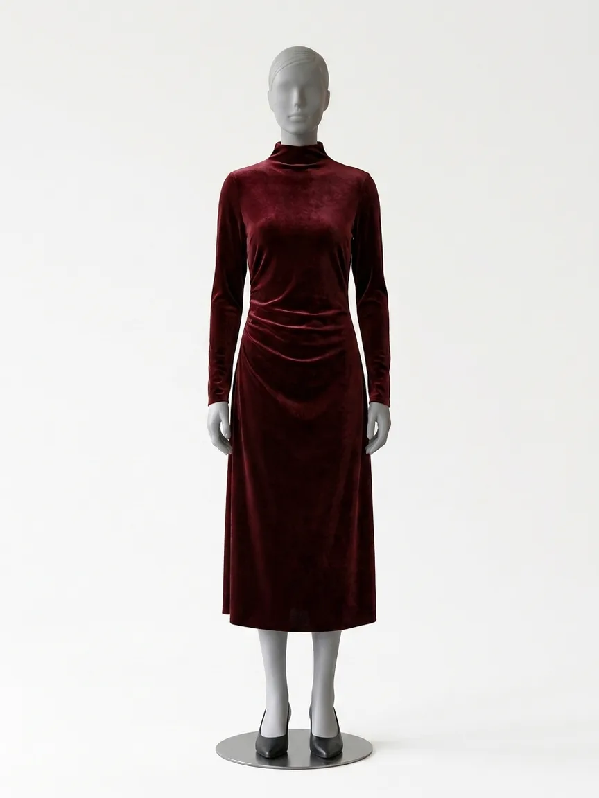 AI render of the same deep red velvet midi dress on our size 8 mannequin