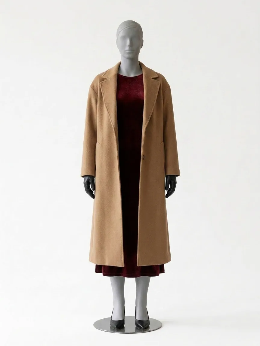 AI render of a camel wool coat over an oxblood velvet dress on our size 12 mannequin